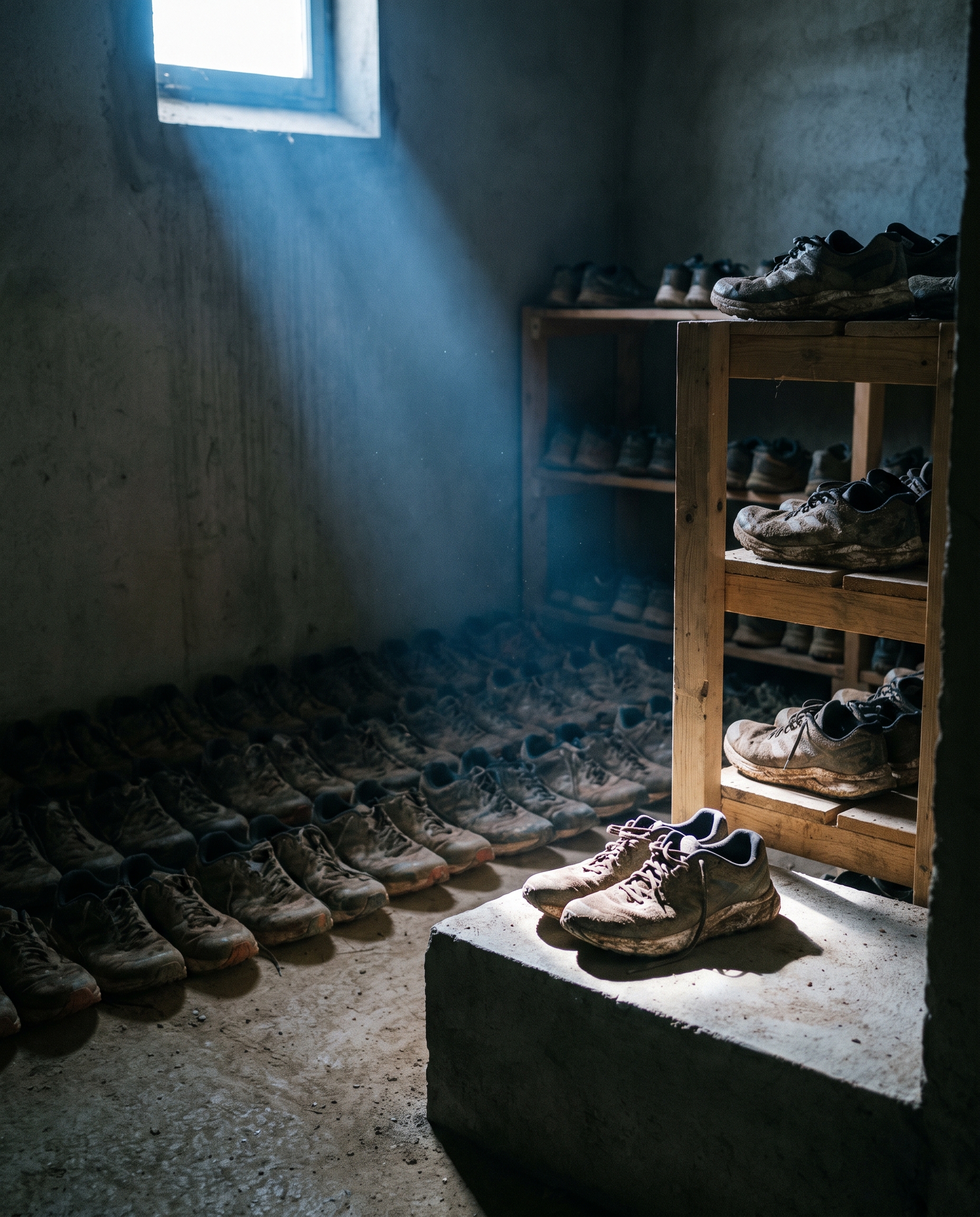 Rows of worn-out trail running shoes stacked on shelves in a dim concrete room, lit by one shaft of cold window light