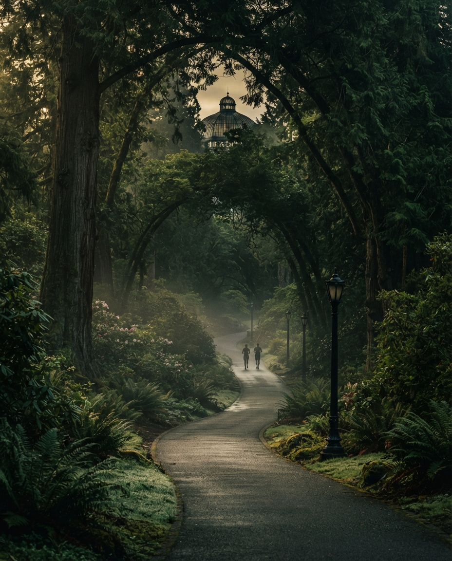 A narrow paved path curving through a misty botanical garden at first light, old trees arching into a green tunnel with two distant runners