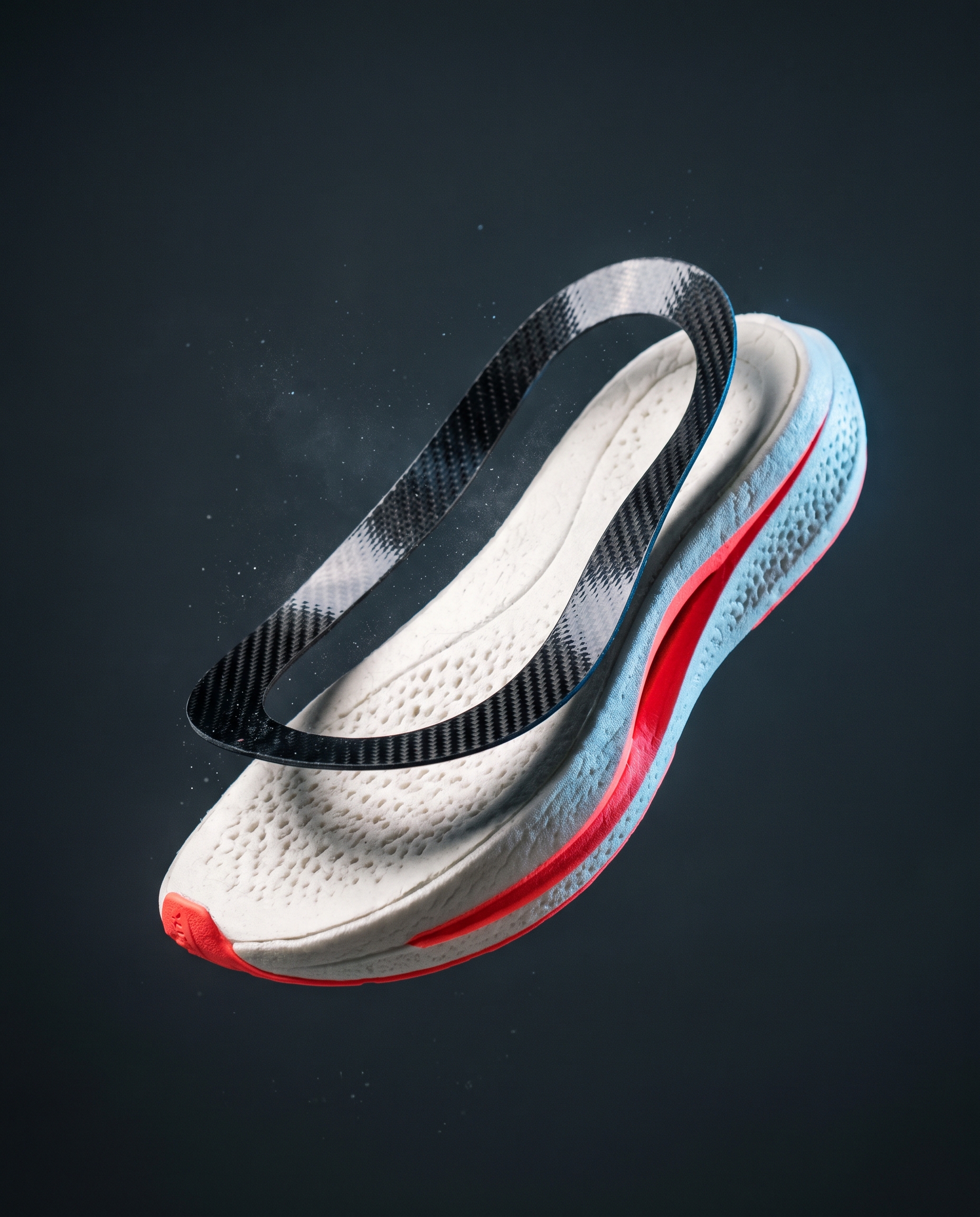 A racing flat sliced open to show a continuous carbon ring wrapped around its foam midsole.