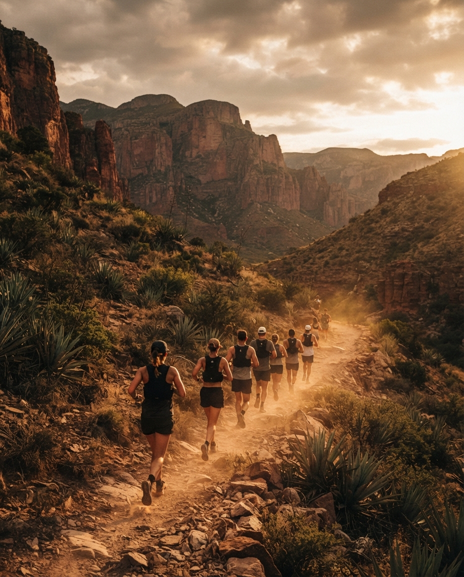 Runners in single file on a high desert trail through agave and red canyon walls at golden hour