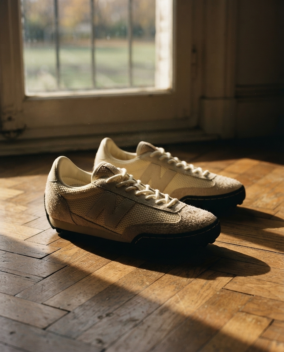 A pair of hairy suede turf-style sneakers on a worn parquet floor in long autumn light.