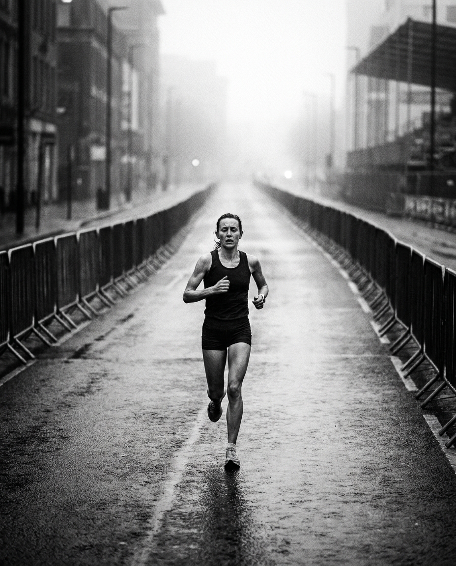 A lone elite marathoner running down an empty grey city street circuit with a huge gap behind