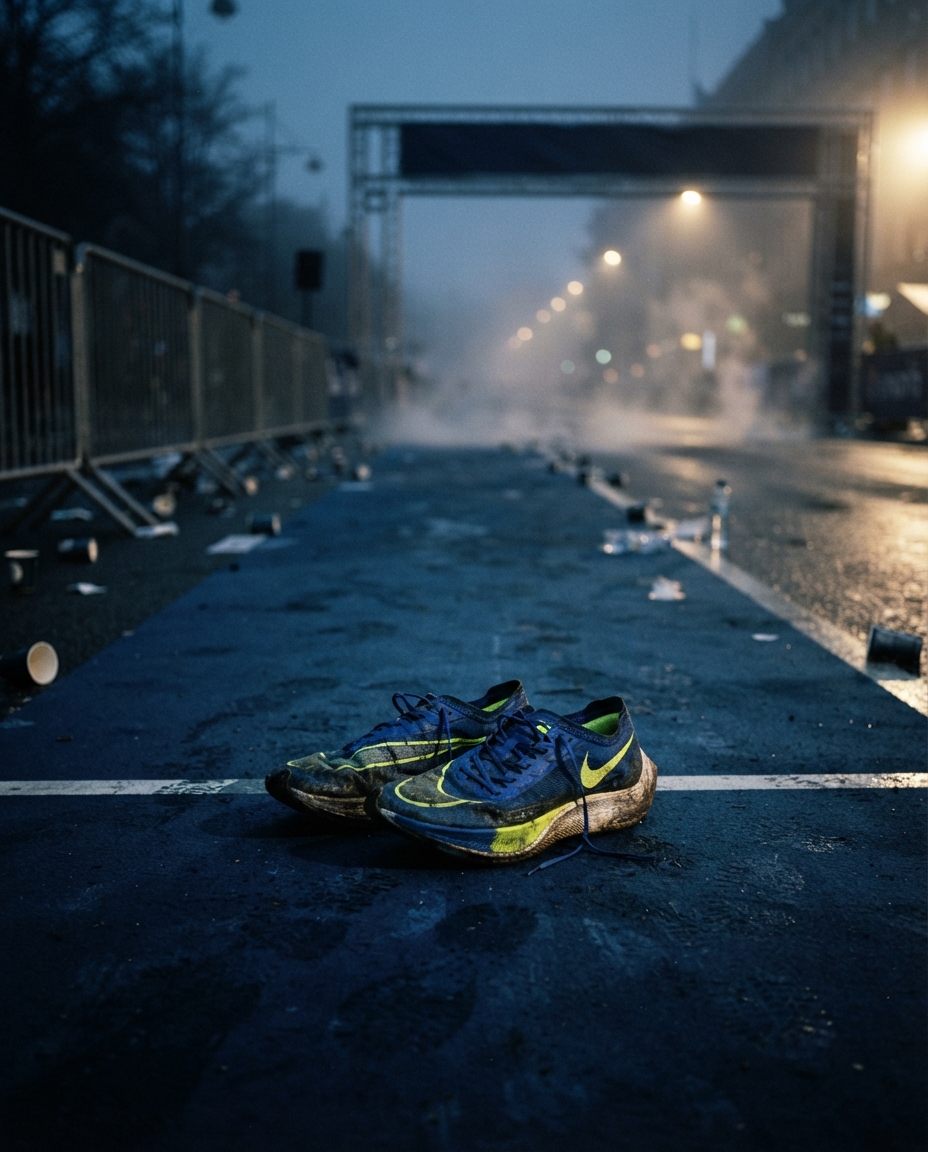 A pair of racing flats on the blue finish carpet of a Nordic city road race at dusk, steam rising off wet asphalt.