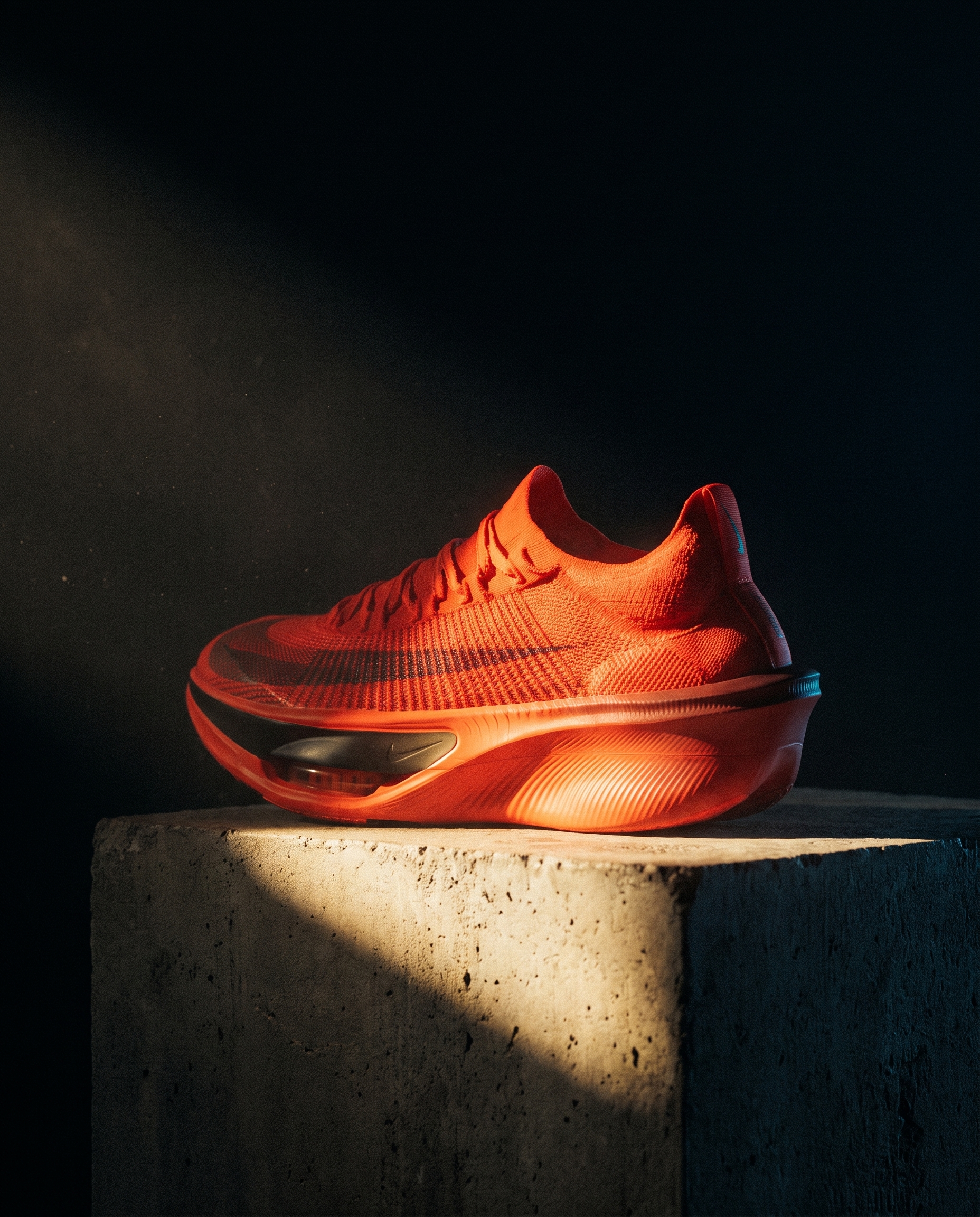 A single super shoe on a concrete plinth in a dark room, lit by one hard shaft of light across the midsole