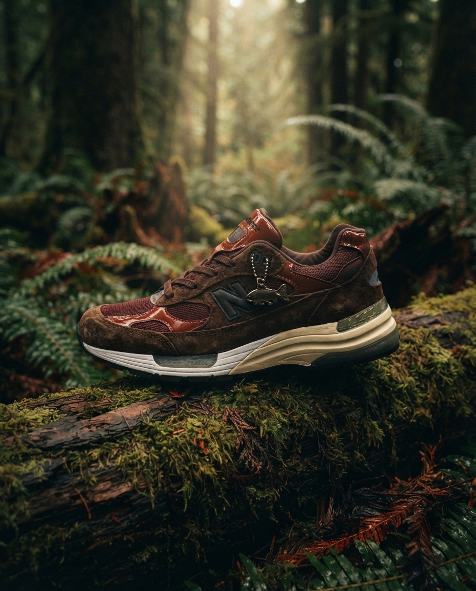 A grey suede and mesh runner resting on a mossy log in an old growth forest