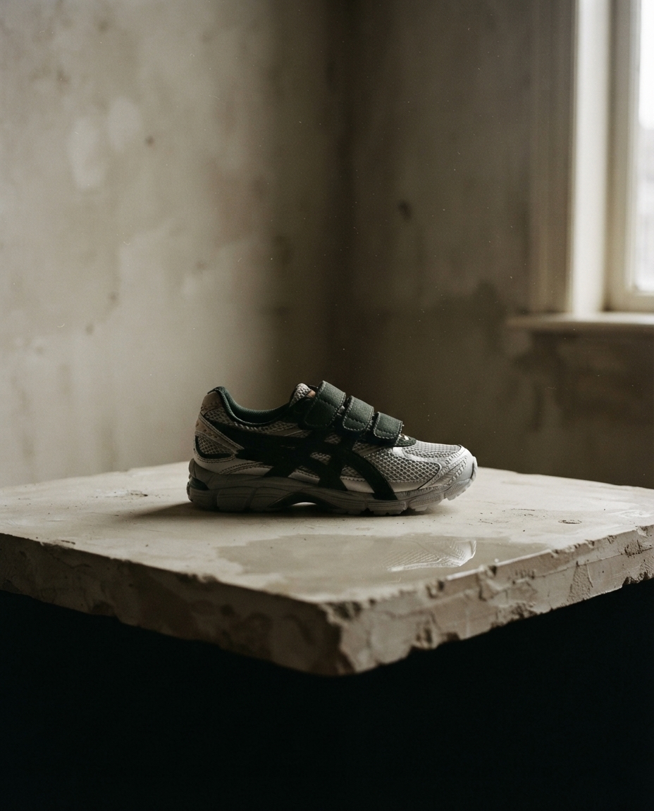 A deconstructed strap-front running shoe on a raw plaster plinth in a bare studio, lit by one soft window.