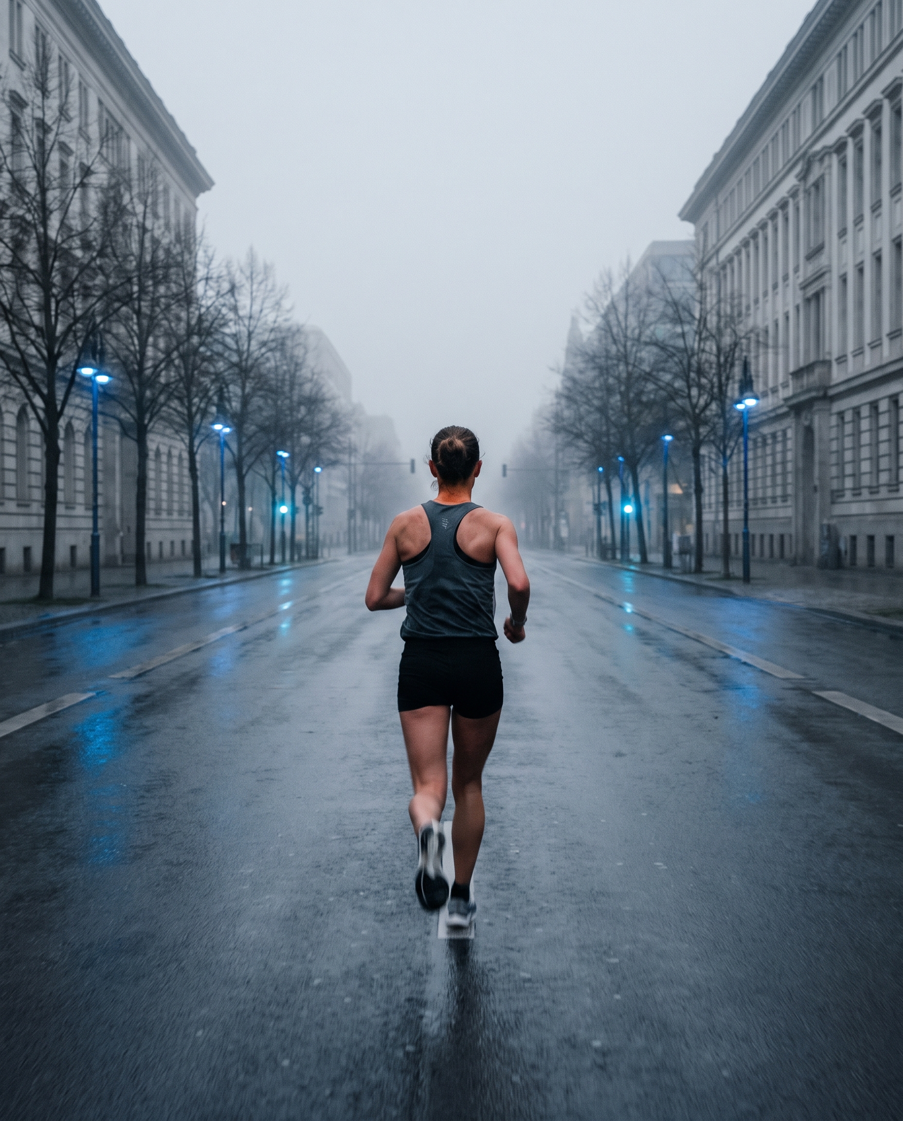 A lone female marathon runner seen from behind on a completely empty Berlin boulevard at grey dawn, wet asphalt and blue streetlights receding into fog.