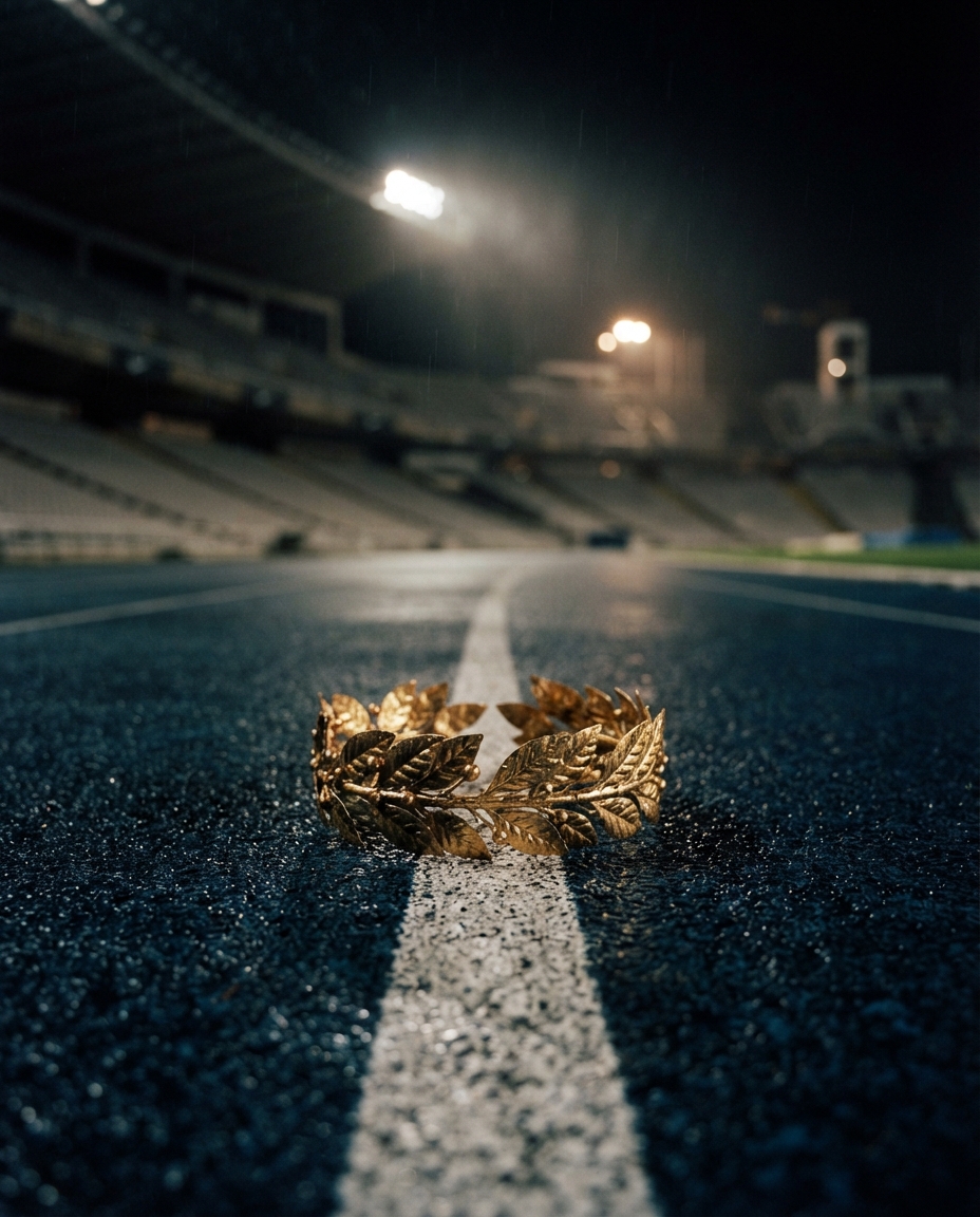 A golden laurel crown resting on the white lane line of a blue track in an empty floodlit stadium at night