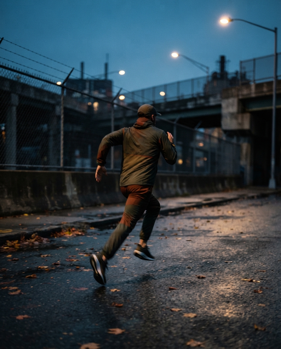 A runner sprinting through an empty industrial street at blue hour, autumn leaves on wet asphalt