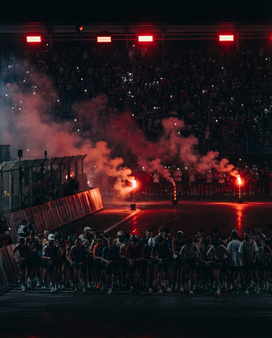 Night track start line staged like a motorsport grid with flares and floodlights