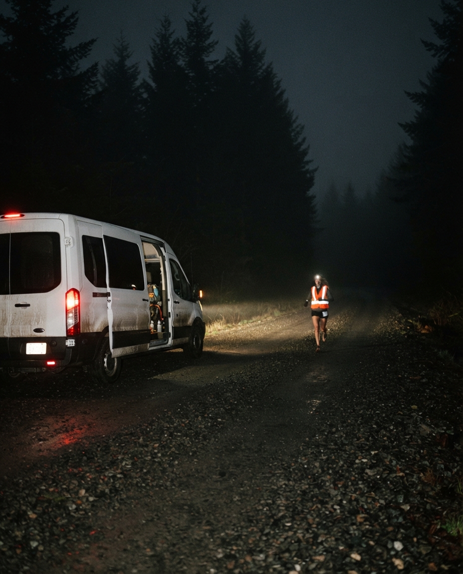 A relay van on a foggy Oregon logging road at night, a runner in a reflective vest ahead