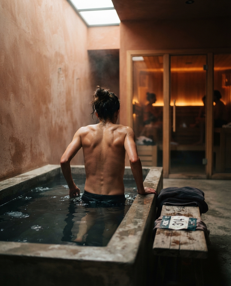 A runner lowering into a cold plunge tub in a minimalist terracotta recovery spa, cedar sauna glowing behind