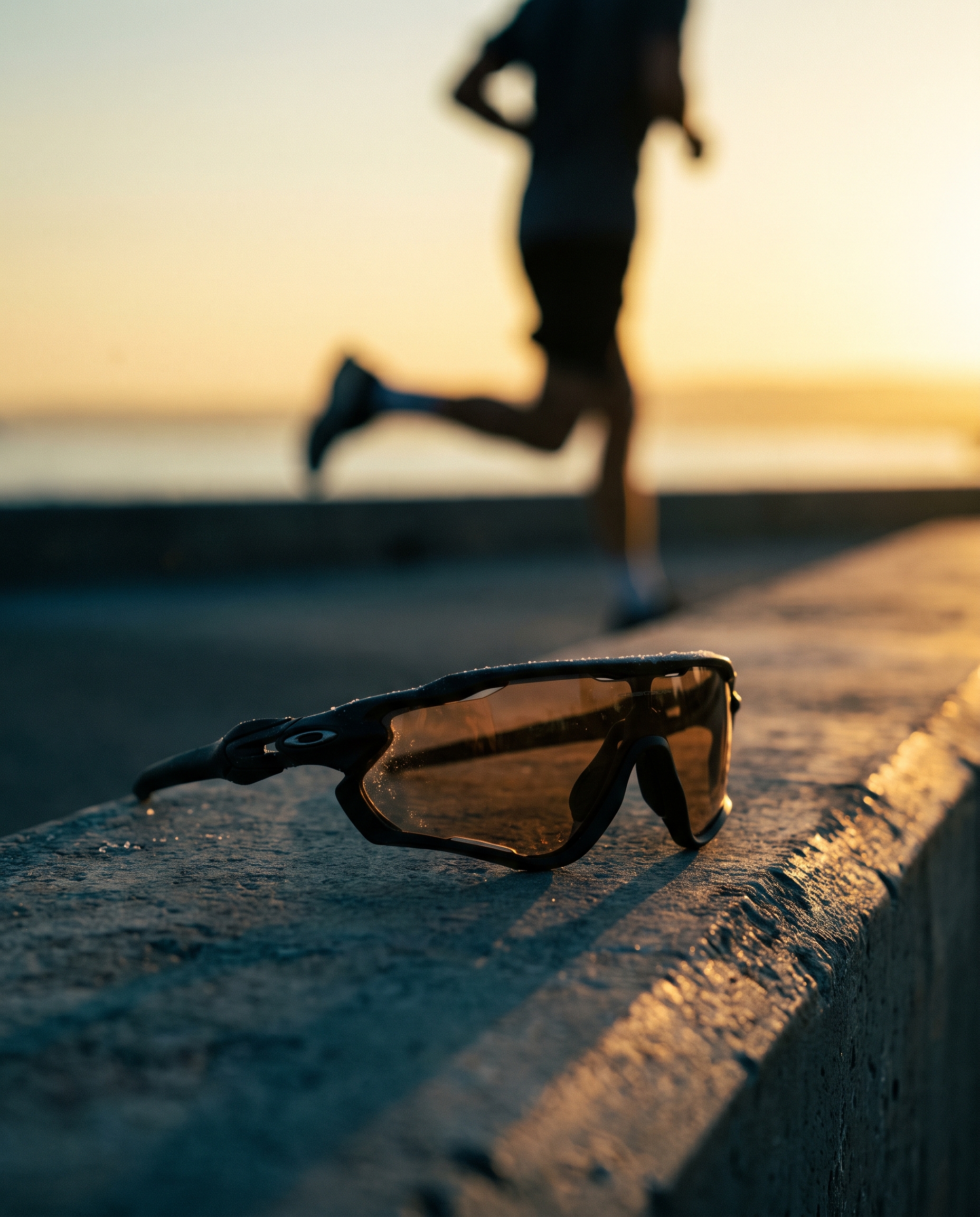 Sculptural matte black running sunglasses on a concrete ledge at golden hour