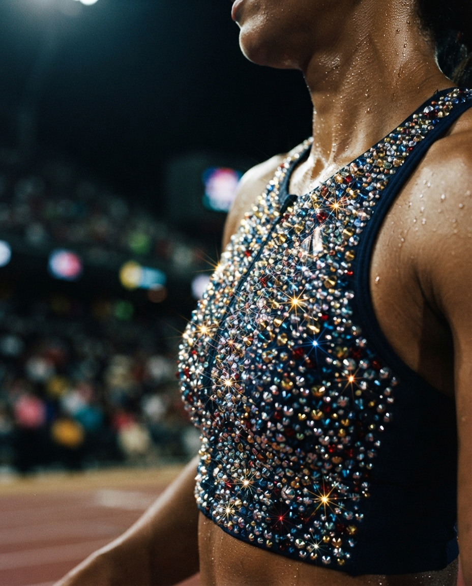 Extreme close up of a race kit encrusted with rhinestones throwing colored starbursts under stadium lights.