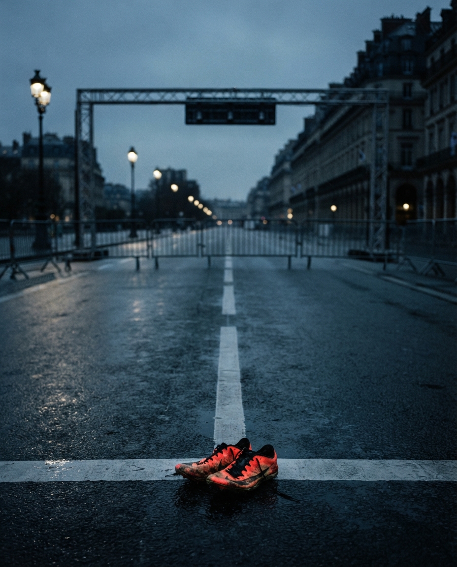 An empty elite start line on a wet European boulevard before dawn, barriers and timing gantry in place, a single pair of racing flats left at the line.