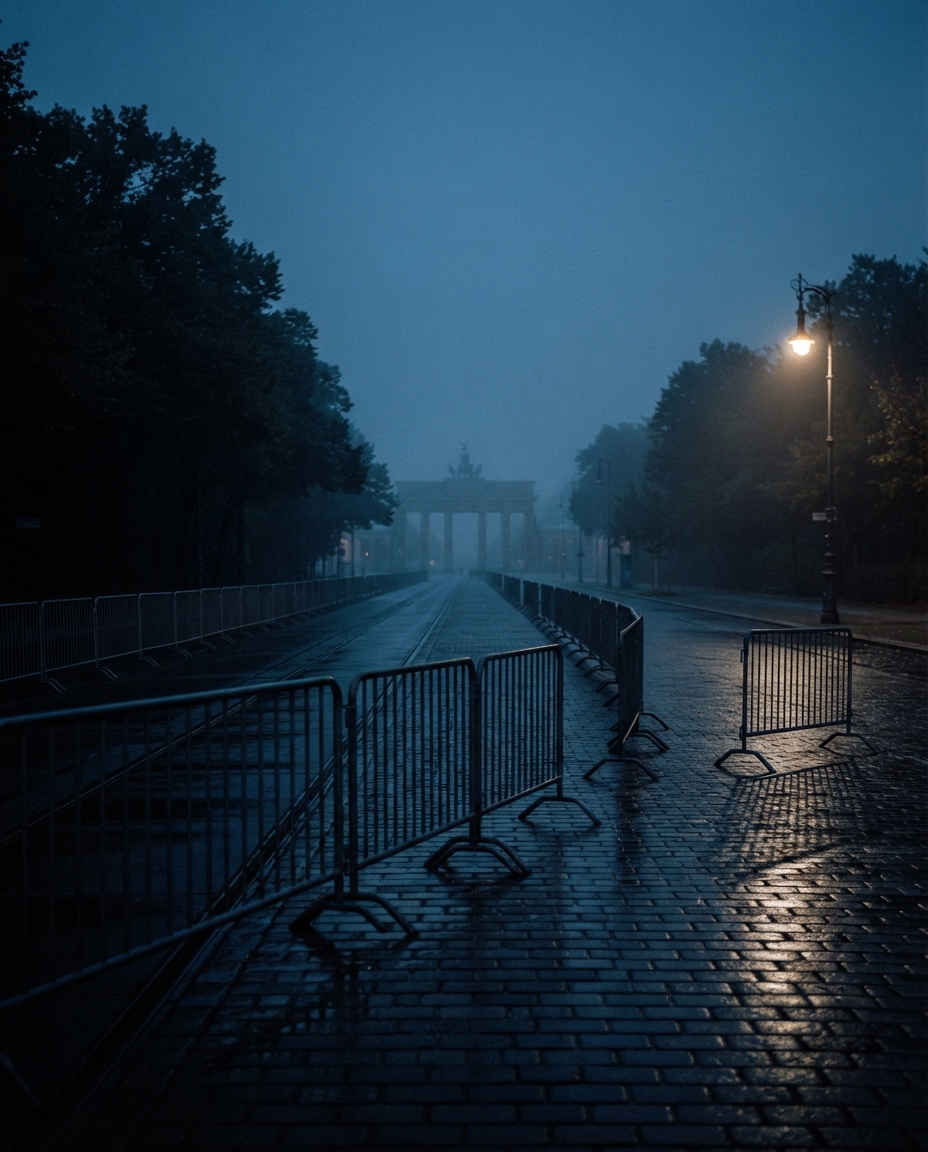 An empty Berlin boulevard at dawn, crowd barriers vanishing into blue fog before a marathon.