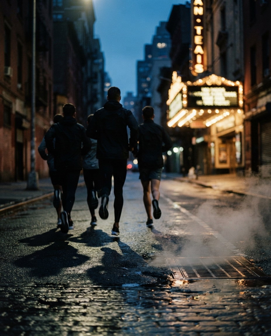A small pack of runners moving down a wet Manhattan side street at dusk, marquee bulbs blurred behind them.