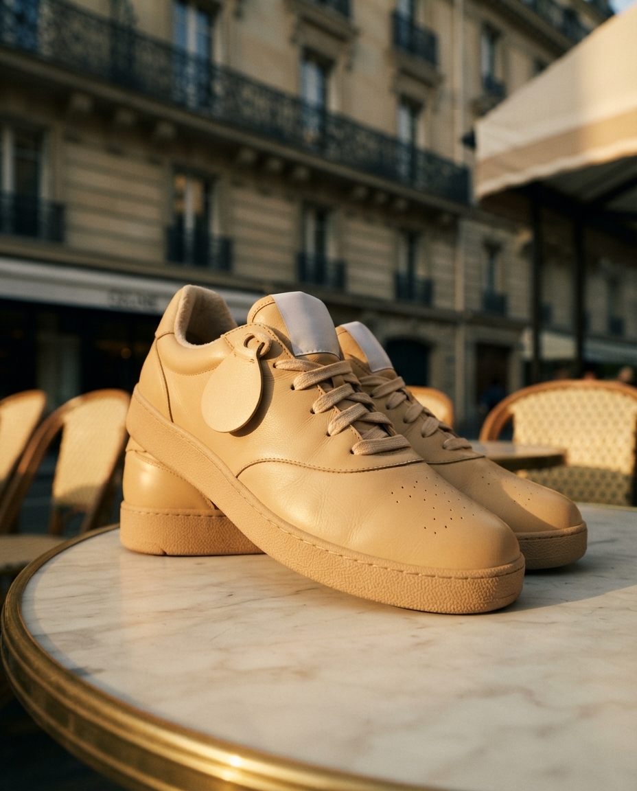 Lambskin low-top sneakers on a marble bistro table at golden hour in Paris