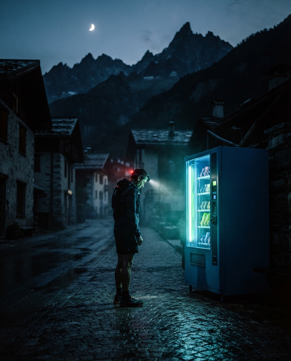 A vending machine glowing on an empty alpine street at night with a runner standing before it