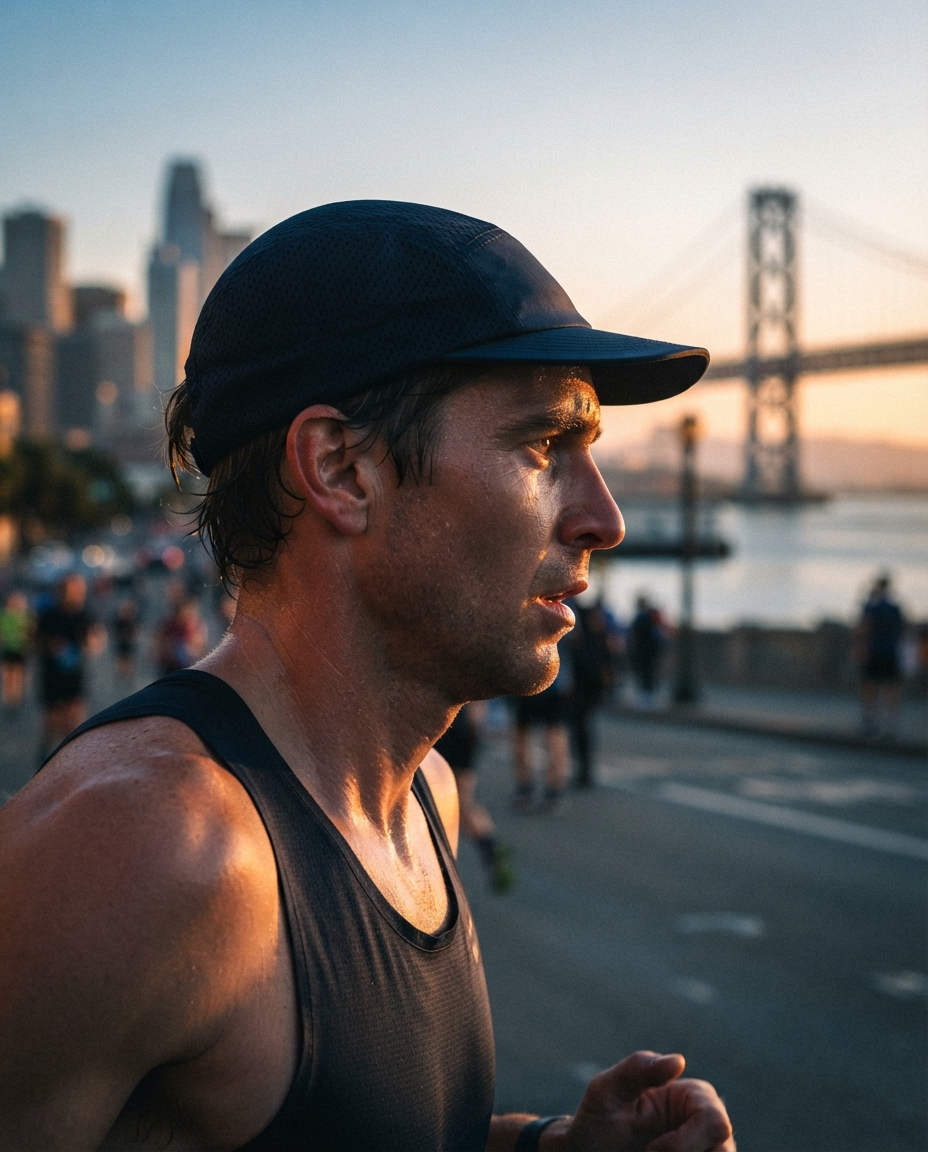 A runner in profile wearing a lightweight five-panel running cap against a city skyline at golden hour