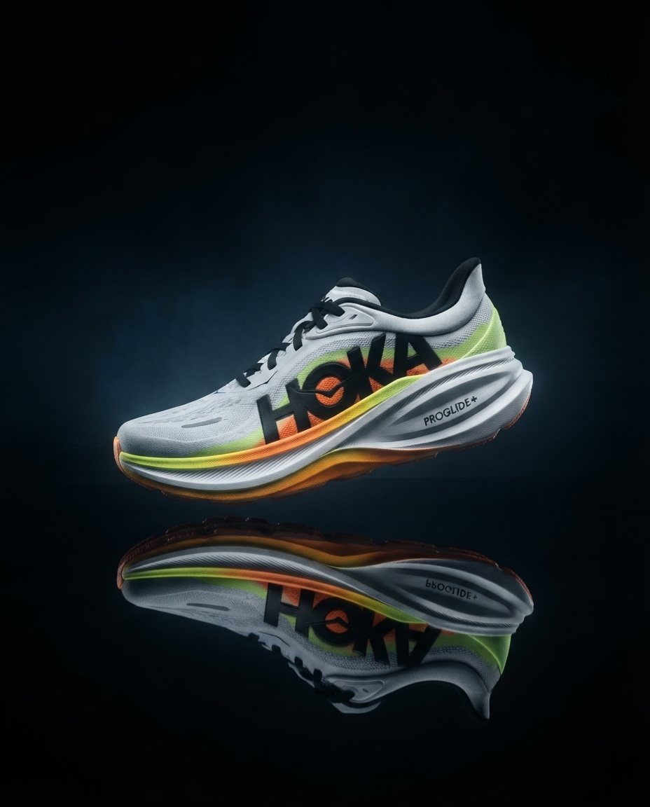 Max-cushion running shoe floating in dramatic studio light