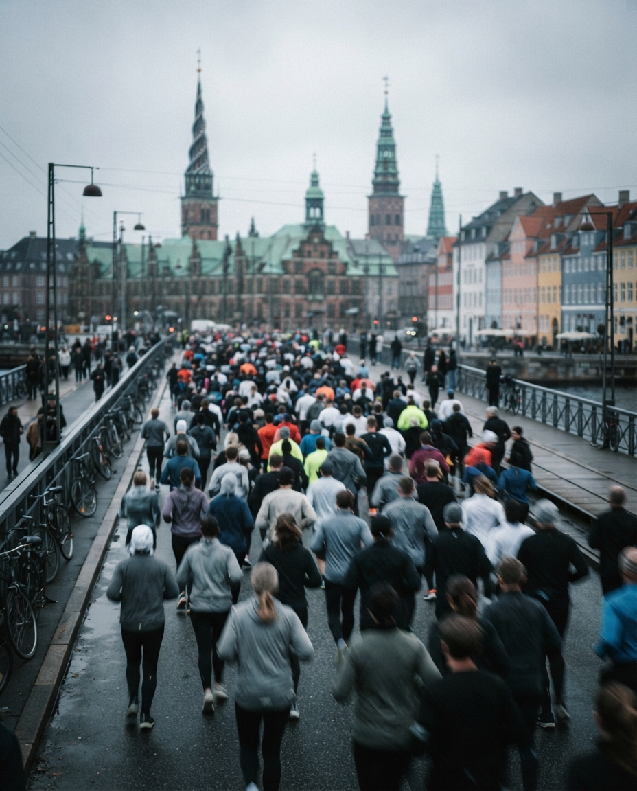 A river of thousands of runners crossing a bridge over Copenhagen harbor on an overcast morning