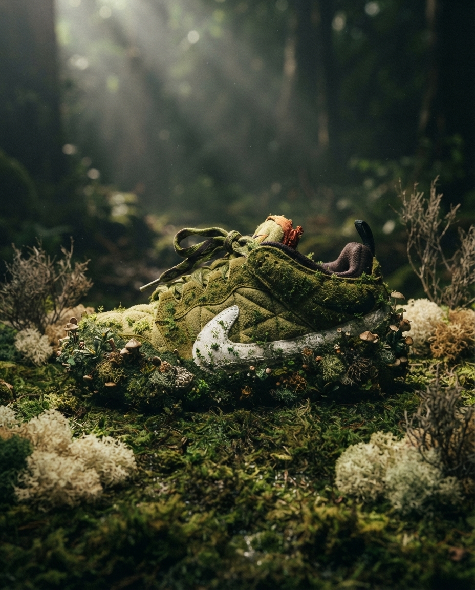 A quilted mossy green sneaker with an overgrown sole standing on a damp forest floor.