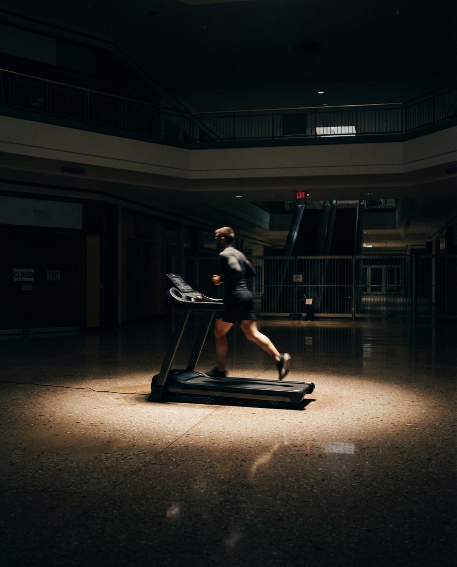 A single spotlit treadmill in an empty shopping mall atrium at night