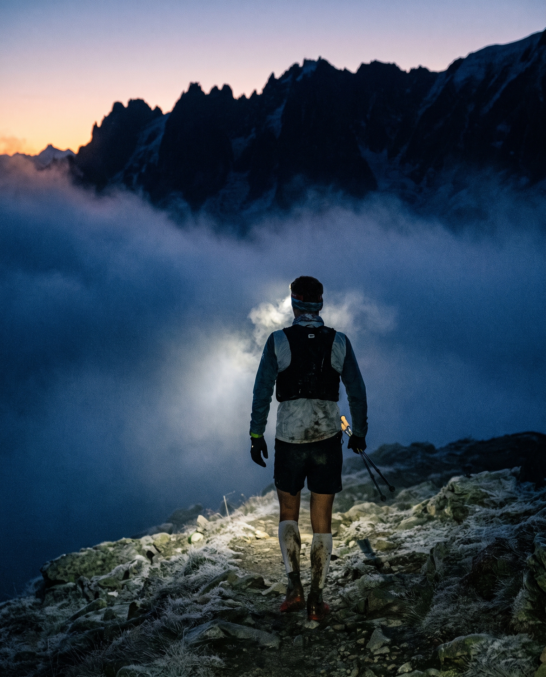 A lone trail runner on a high alpine ridge before dawn, headlamp cutting through cold fog with the Mont Blanc massif behind.