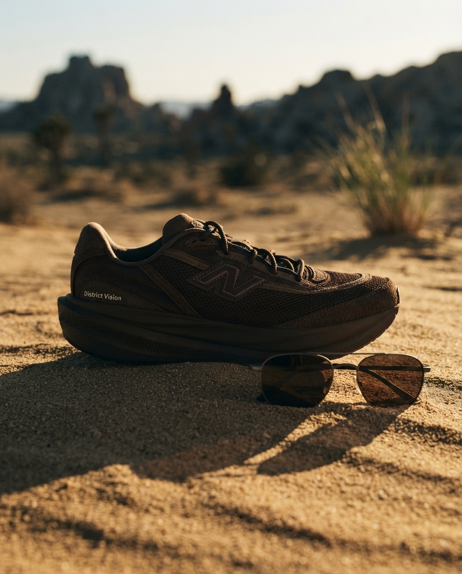 District Vision × New Balance 1080v15 on desert sand at golden hour