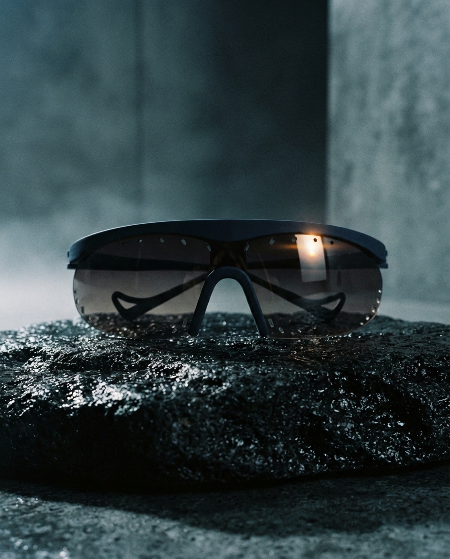 Sport sunglasses on wet black volcanic stone under hard raking light