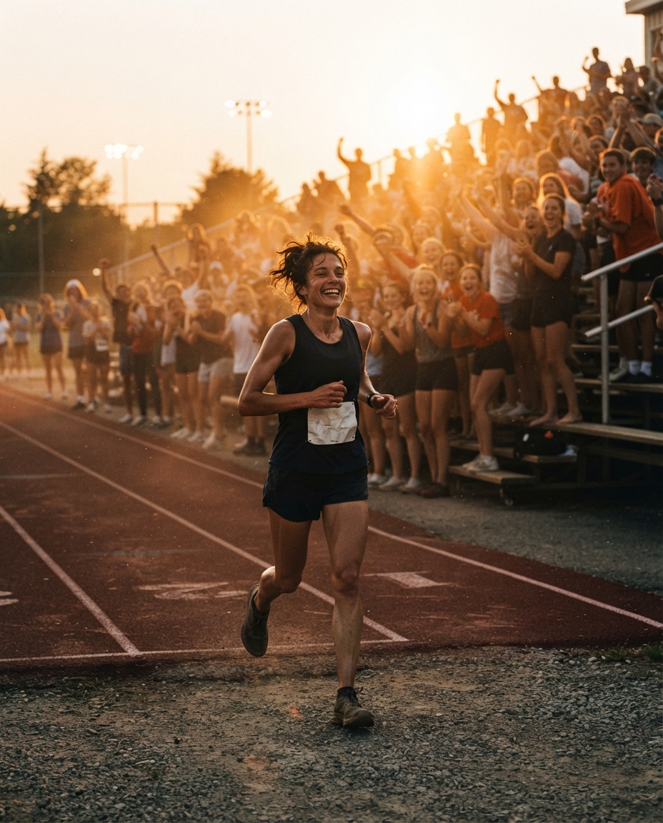 Ultrarunner cresting a golden ridge above the canyons at sunset