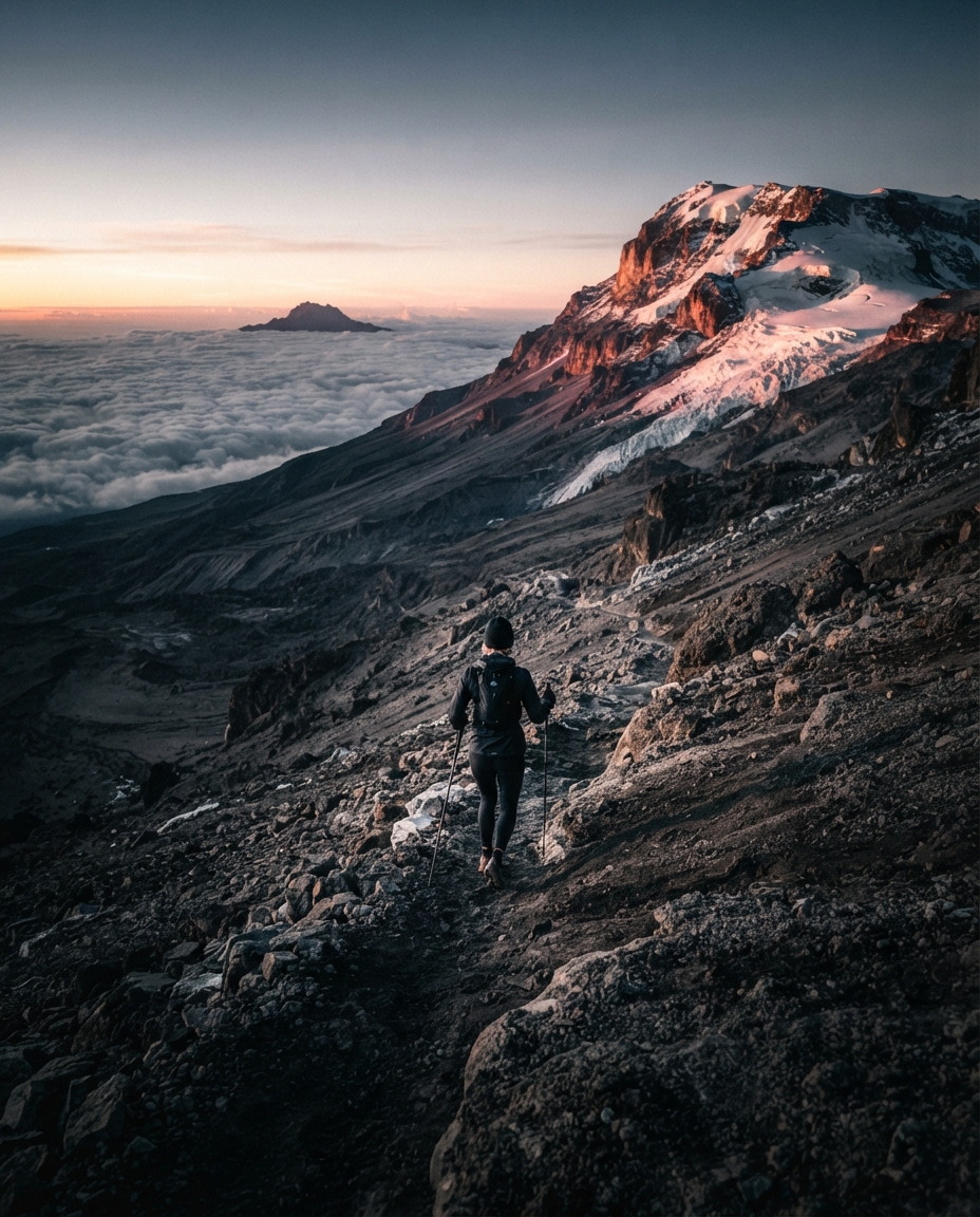 A distant lone runner on the volcanic summit slopes of Kilimanjaro above a sea of clouds at dawn