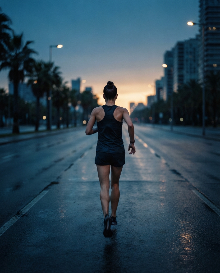 A runner alone from behind on an empty city boulevard at dawn
