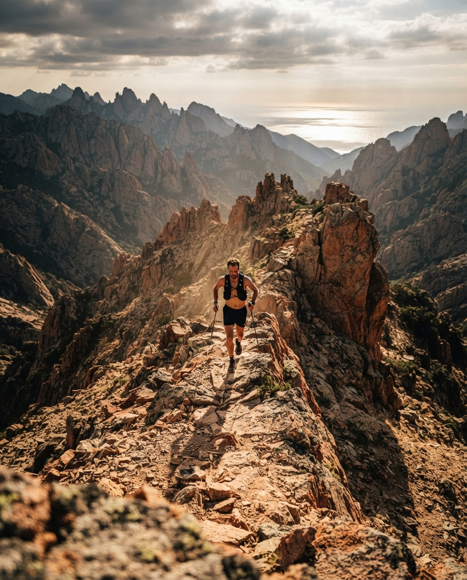 A lone trail runner crossing a knife-edge granite ridgeline high on Corsica, red rock spires falling away and the Mediterranean a silver line far below.