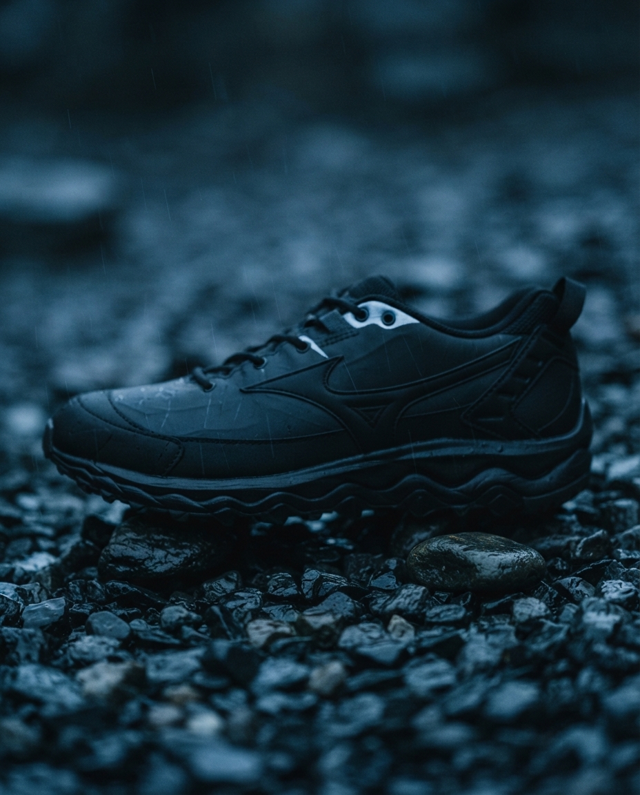 An all black technical trail running shoe on wet basalt gravel at blue hour.