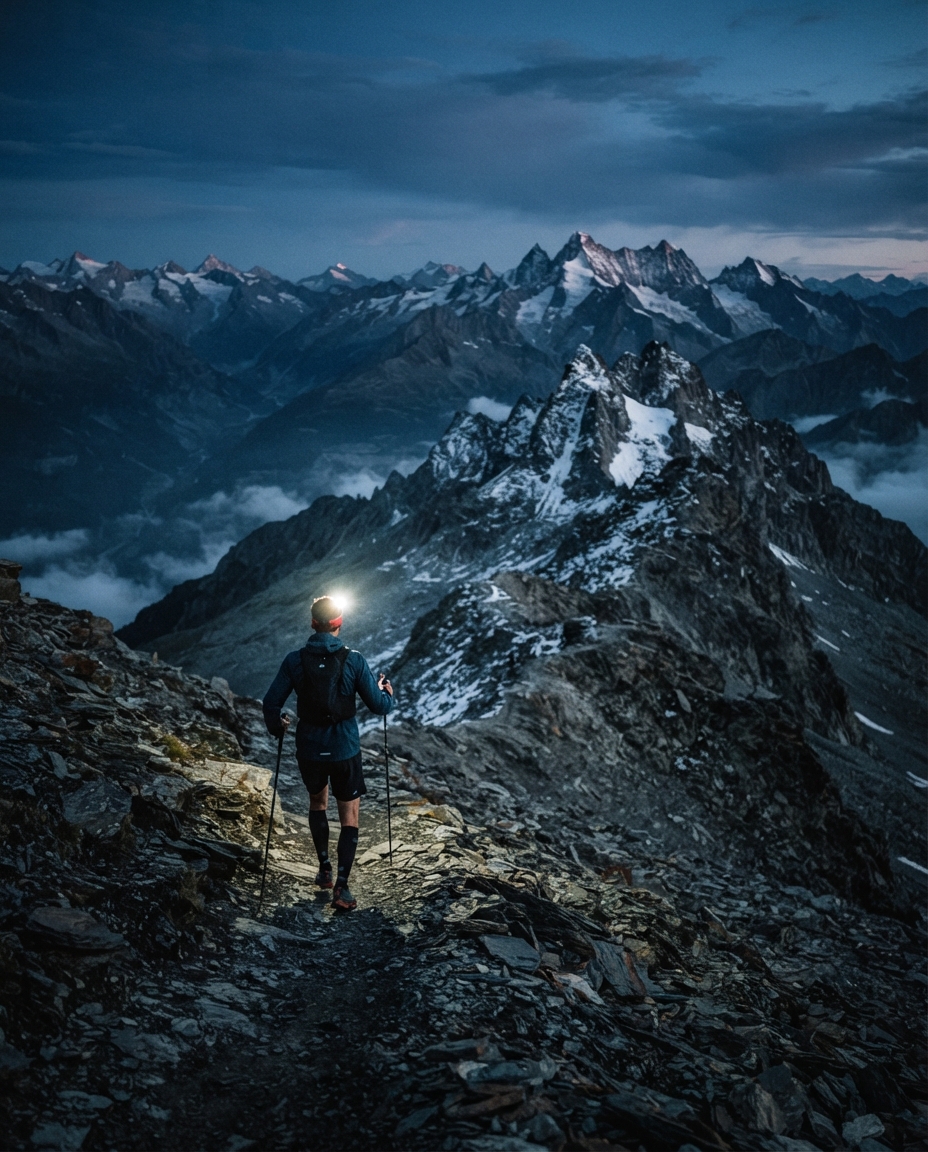 A lone trail runner cresting a high rocky col in the Italian Alps before sunrise, headlamp still lit