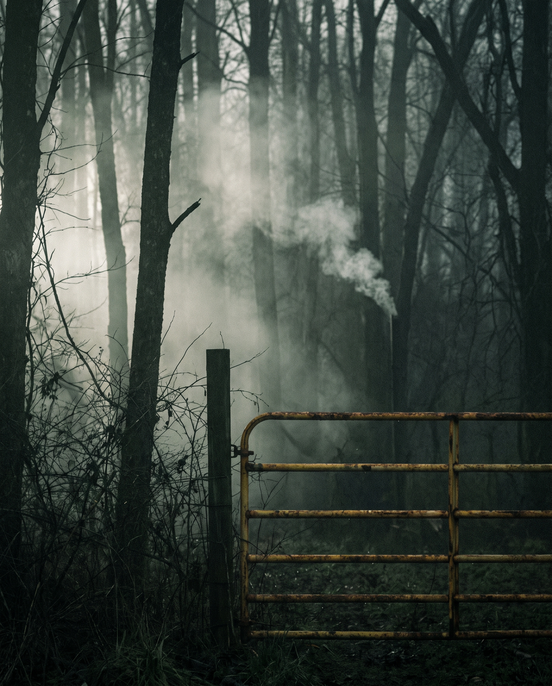 A rusted yellow farm gate at the edge of a fog-filled Tennessee hardwood forest at first light