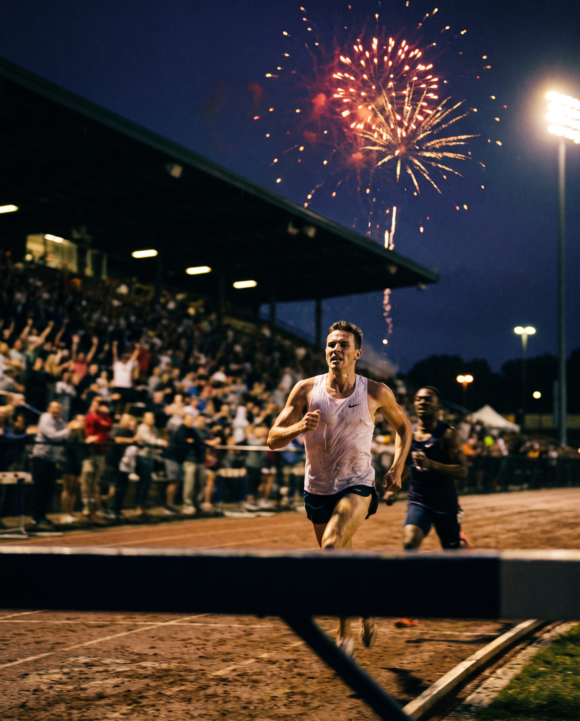 Track athlete surging past a rival under stadium floodlights with fireworks bursting overhead