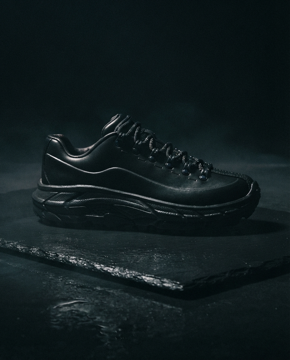 An all-black leather trail shoe on wet slate under one hard raking light