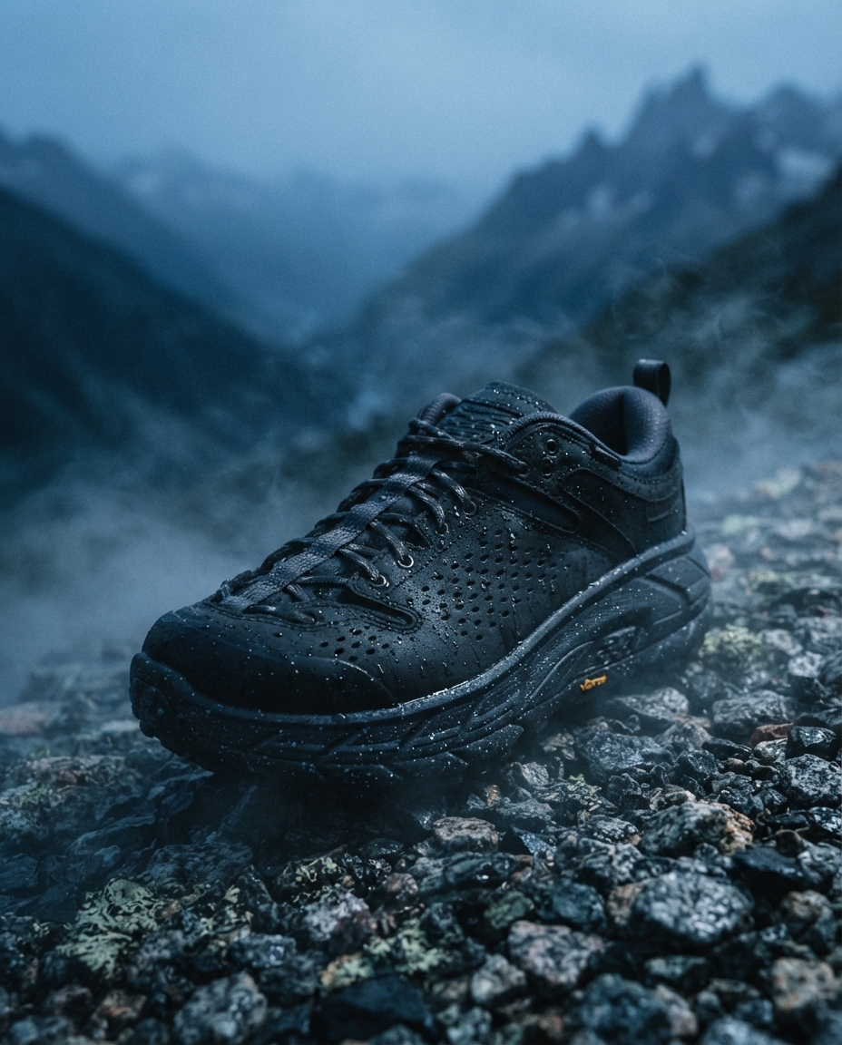 HOKA Tor Ultra Lo in tonal nubuck resting on wet granite scree above a fog-filled alpine valley at dusk