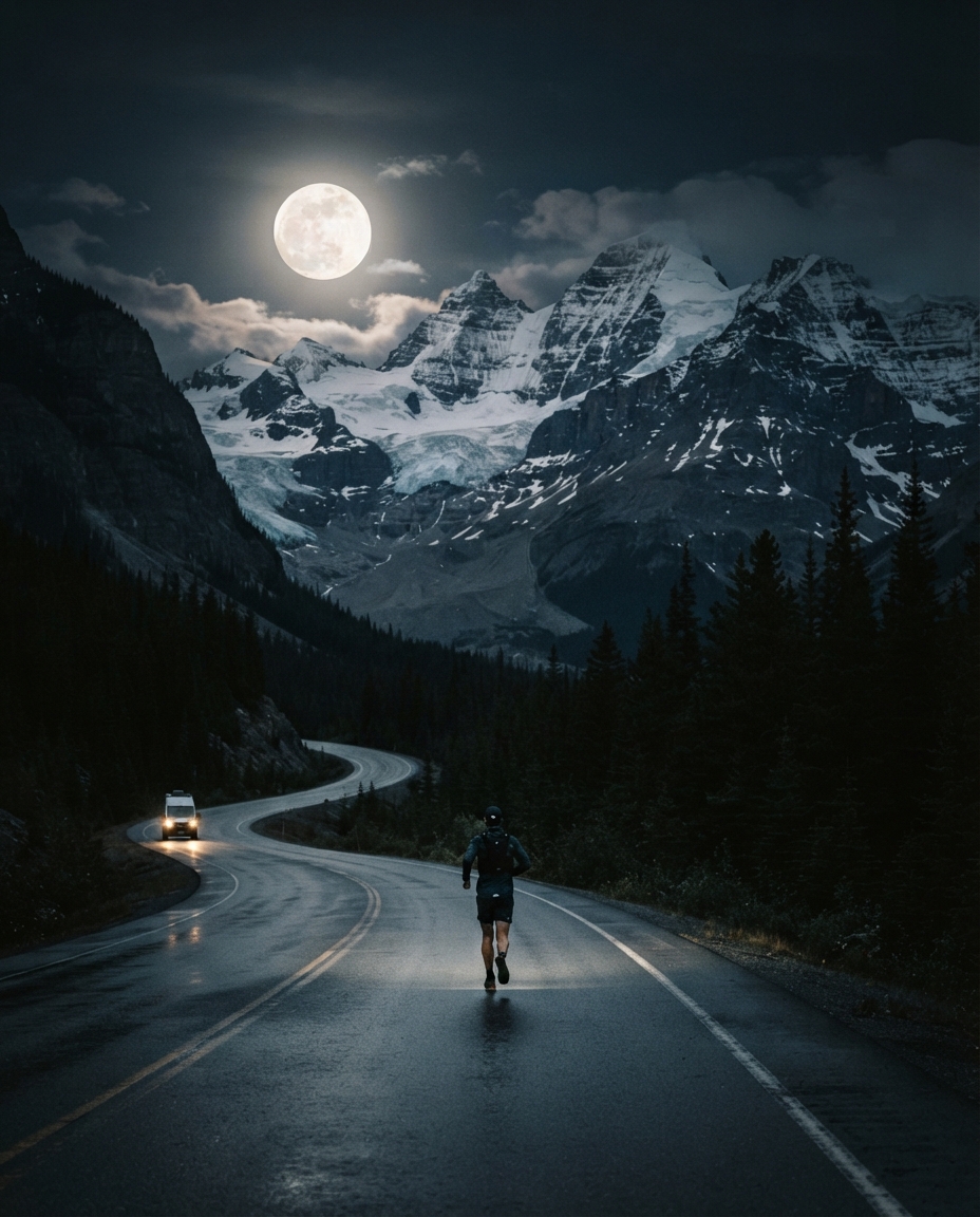 A lone runner on an empty mountain highway at night under a full moon in the Canadian Rockies