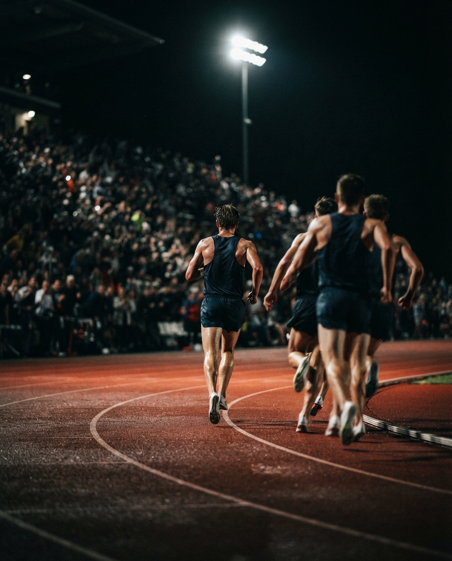 A middle-distance runner leading a pack on the final bend under stadium floodlights