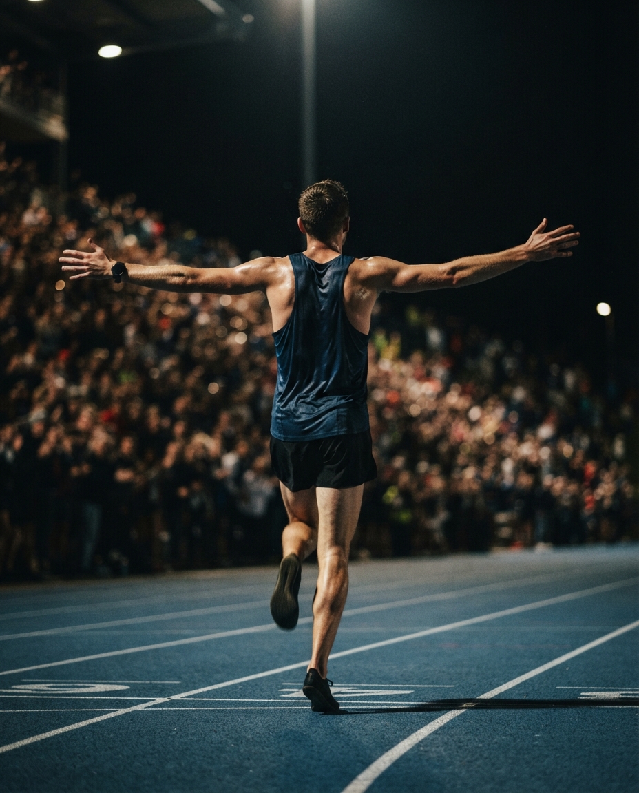 A distance runner seen from behind crossing a floodlit blue track with arms wide
