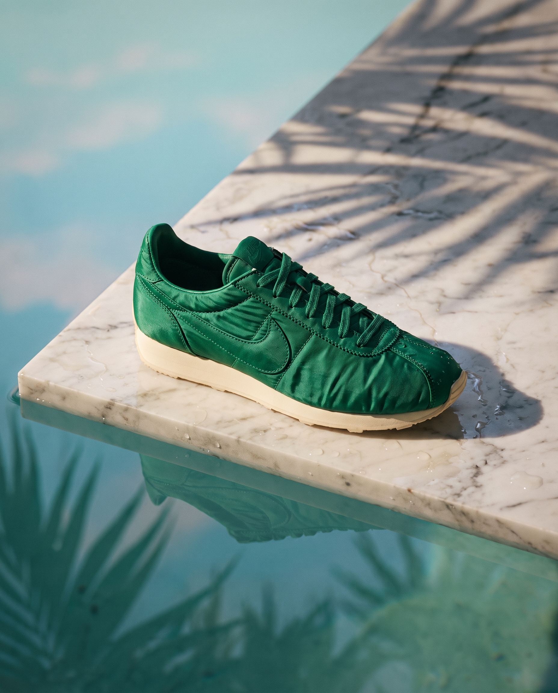 An emerald green ruched nylon running shoe on wet marble beside turquoise water