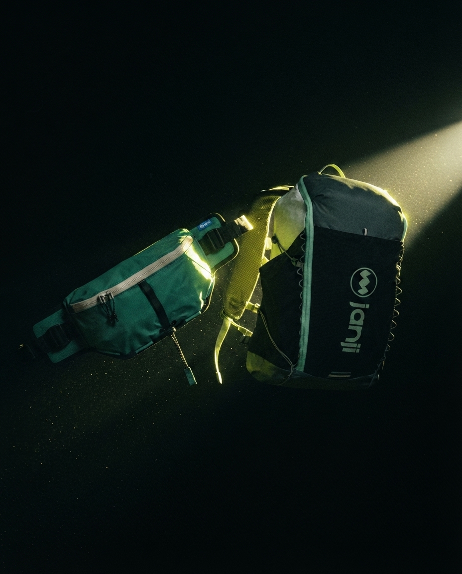 Janji Multipass Sling and Revy Pack floating in dark studio light