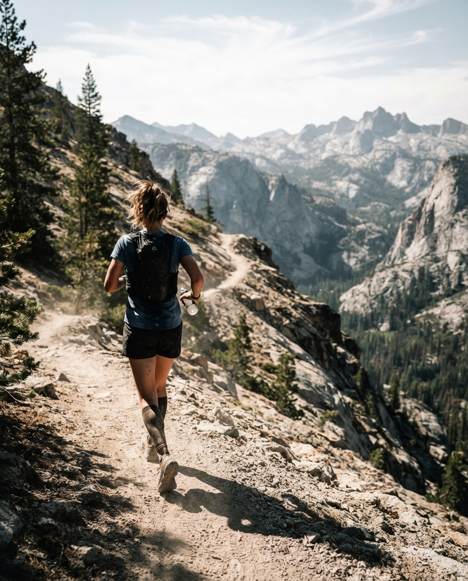 A woman ultrarunner from behind on a dusty Sierra Nevada singletrack in midday heat