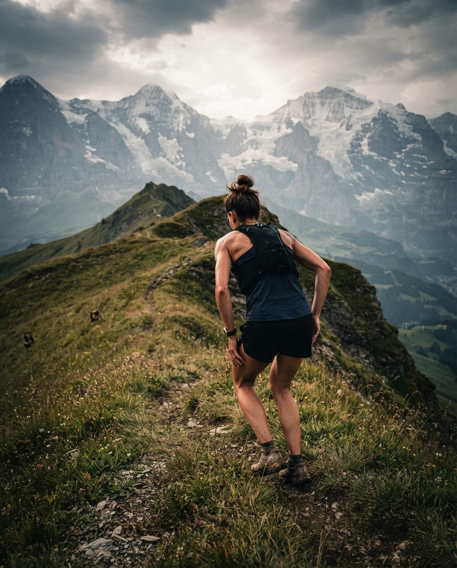 A woman mountain runner climbing a steep grass ridge in the Swiss Alps, snow peaks behind