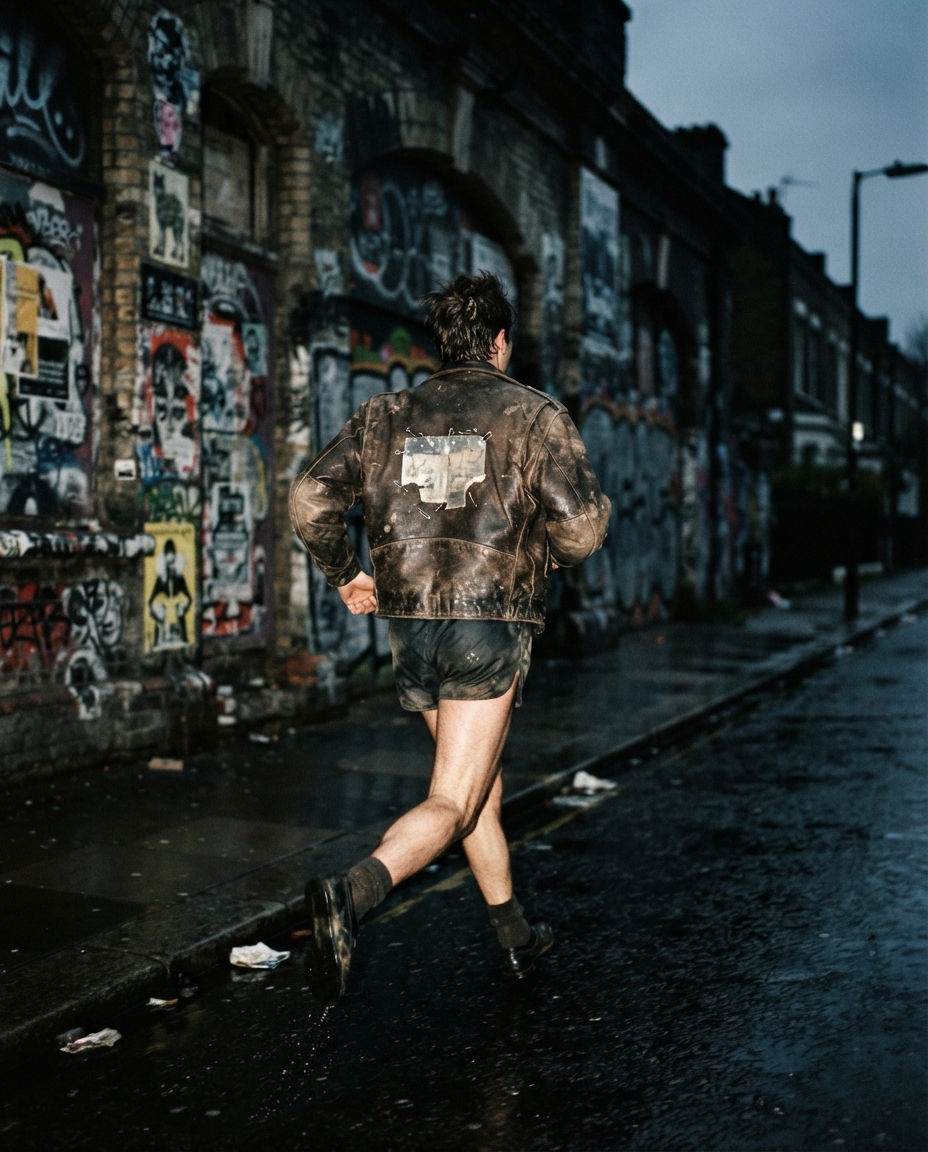Runner from behind in a battered leather jacket sprinting past a graffiti covered London wall at dawn