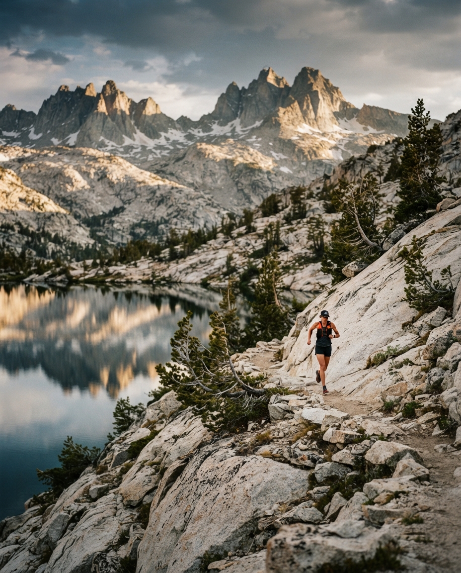 A tiny runner on a granite trail above a still alpine lake in the Sierra Nevada.